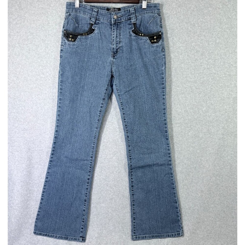 COSJEANS Flare Leg Jeans Womens 8 Blue Excellent Studded Heart Embroidered Y2K